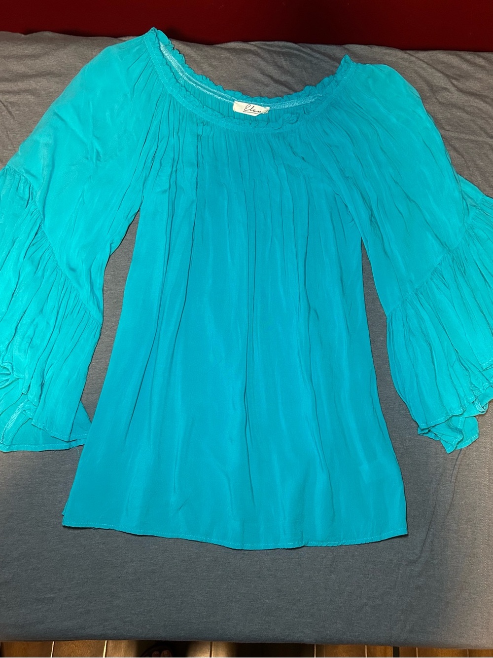 Elan Turquoise Peasant Blouse with Ruffled Neckline